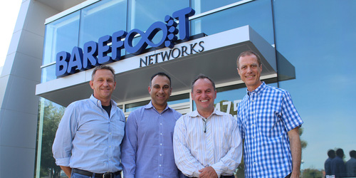 From the left, outside the Barefoot Networks headquarters in Santa Clara following the acquisition announcement: Nick McKeown, co-founder, chief scientist and chairman of Barefoot Networks; Navin Shenoy, Intel executive vice president and general manager of the Data Center Group; Bob Swan, Intel chief executive officer; and Craig Barratt, Barefoot Networks CEO. (Picture courtesy of Barefoot Networks.)