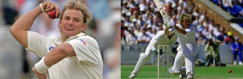Shane Warne (left) shows off his bowling prowess, while Ian Botham bats for Blighty.