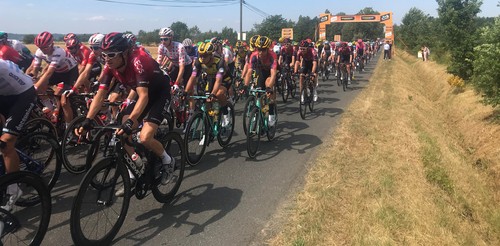 The peloton whizzes past on a section of the Albi-to-Toulouse stage that was eventually won by Australia's Caleb Ewan.