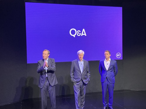 CEO Philip Jansen (left) answers questions next to Gerry McQuade (middle) and Marc Allera, the respective heads of BT's business and consumer divisions. But do they have the answers?