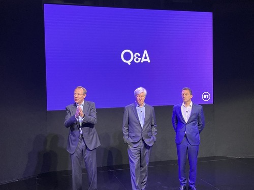 CEO Philip Jansen (left) stands next to Gerry McQuade (middle) and Marc Allera, the respective heads of BT's business and consumer divisions, at a recent press event.