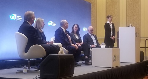 Execs from top TV makers and broadcast TV organizations were here to chat up 'NextGen TV.' (Left to right: John Taylor, LG Electronics; Anne Schelle, Pearl TV; Dan Schinasi, Samsung Electronics; Madeleine Noland, ATSC; Sam Matheny, NAB; and Myra Moore, Digital Tech Consulting)