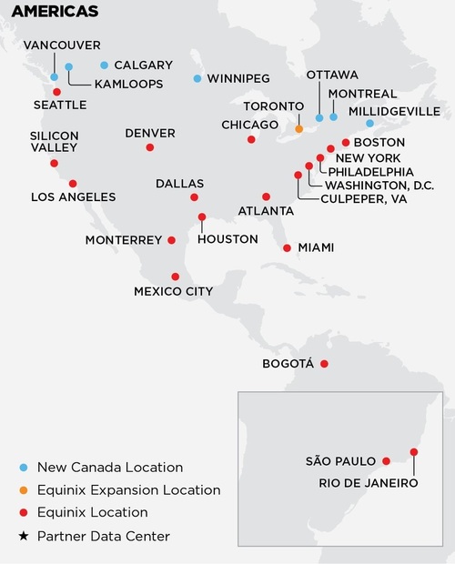 Equinix reported that its data centers cover a wide range of locations in the Americas. Click here for a larger version of this image. (Source: Equinix)