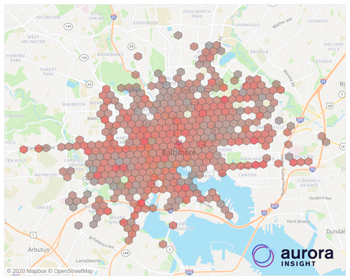 Aurora Insight measured an extensive mmWave 5G network by Verizon in Baltimore. Click here for a larger version of this image. (Source: Aurora Insight)