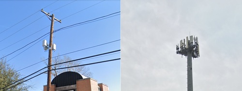 Verizon's mmWave network in Dallas uses new small cell sites, shown on the left, while T-Mobile's mmWave network uses its existing macro sites, as shown on the right. Click here for a larger version of this image. (Source: Aurora Insight)