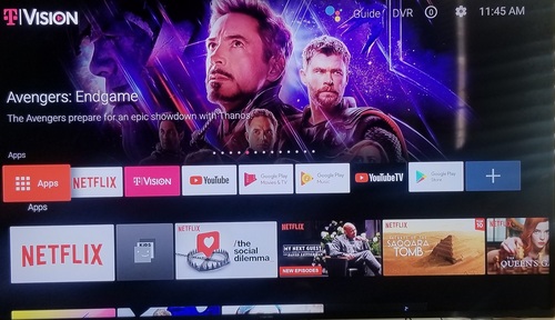 The home screen for the TVision Hub provides central access to multiple OTT apps and services but is optimized to showcase T-Mobile's new pay-TV service.
