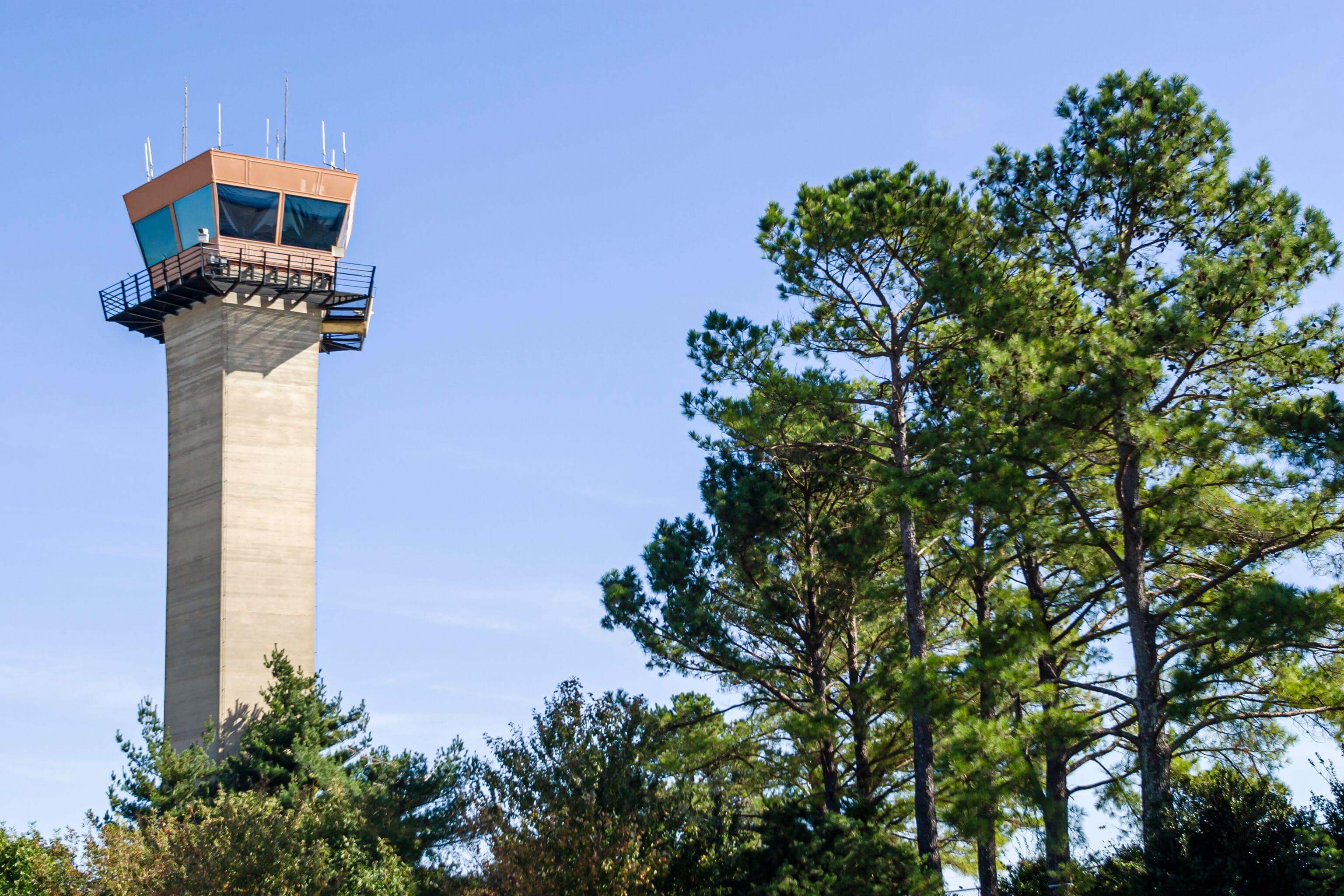 Huntsville Alabama, Airport air traffic control tower building. Photo by Jeffrey Isaac Greenberg 6+ / Alamy Stock Photo.