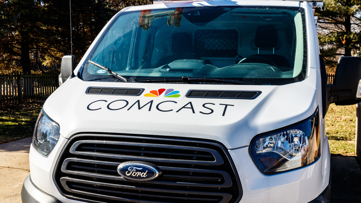 A Comcast service vehicle on the job in February 2018. Photo by Jonathan Weiss / Alamy Stock Photo.