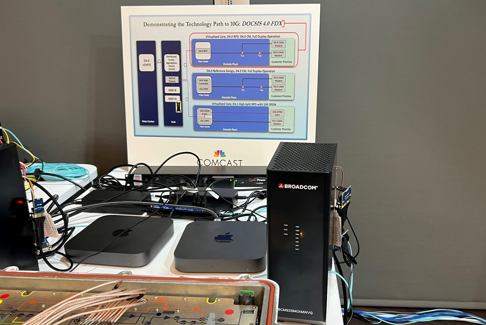 Comcast showed off a set of demos of DOCSIS 4.0's FDX mode of operation that included prototype modems powered by Broadcom silicon.
(Source: Jeff Baumgartner/Light Reading)