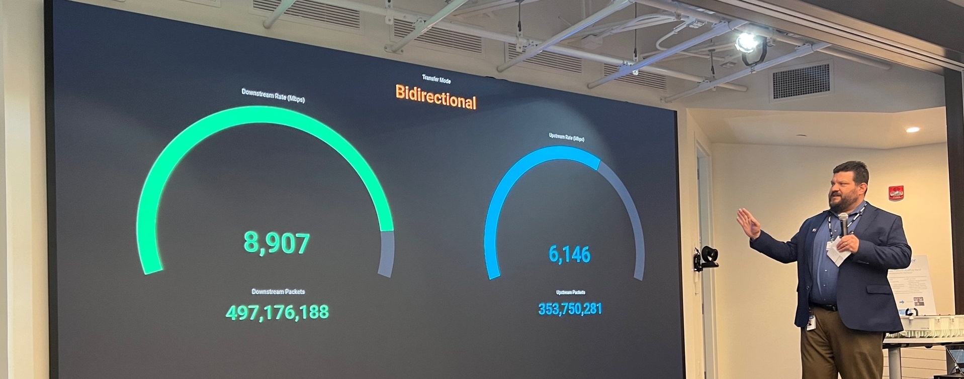 Matt Petersen, vice president of access architecture at Charter, references the Speedtest data being generated by the on-site demo.
(Source: Jeff Baumgartner/Light Reading)