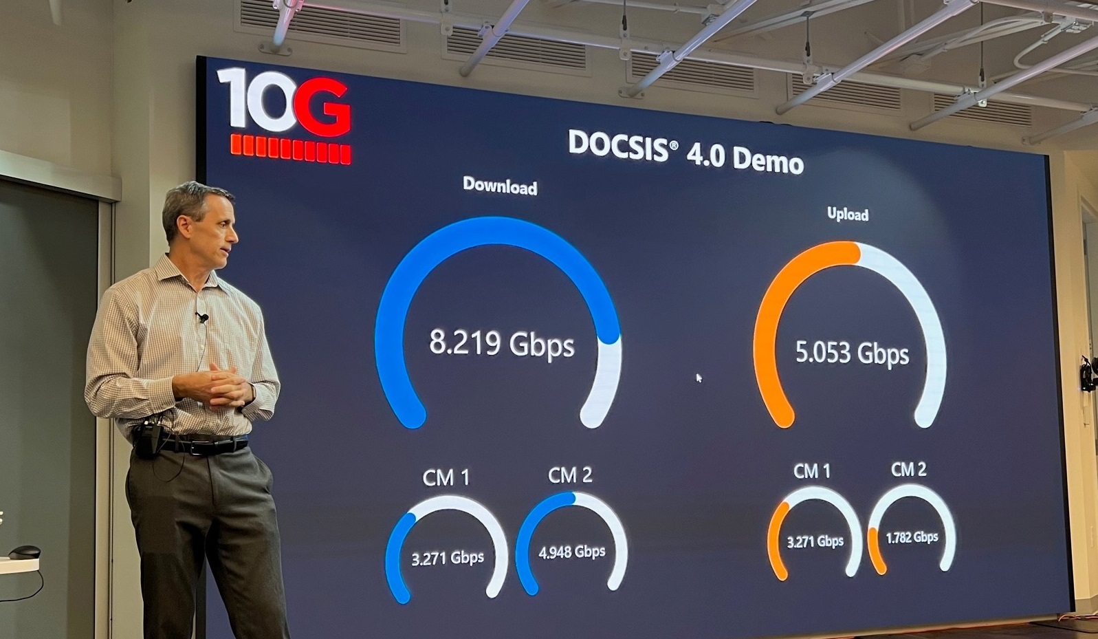 Comcast's Rob Howald touts the speeds and flexibility that can be delivered using D4.0 paired with FDX.
(Source: Jeff Baumgartner/Light Reading)