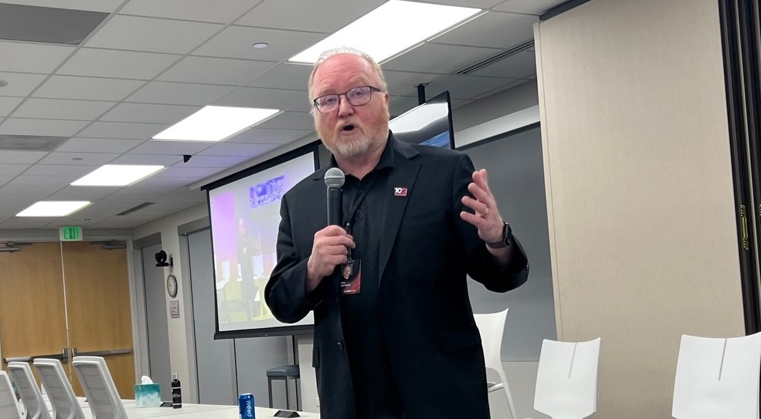 CableLabs CEO Phil McKinney delivers opening remarks at the recent '10G Showcase' event held at the organization's headquarters in Louisville, Colorado.
(Source: Jeff Baumgartner/Light Reading)