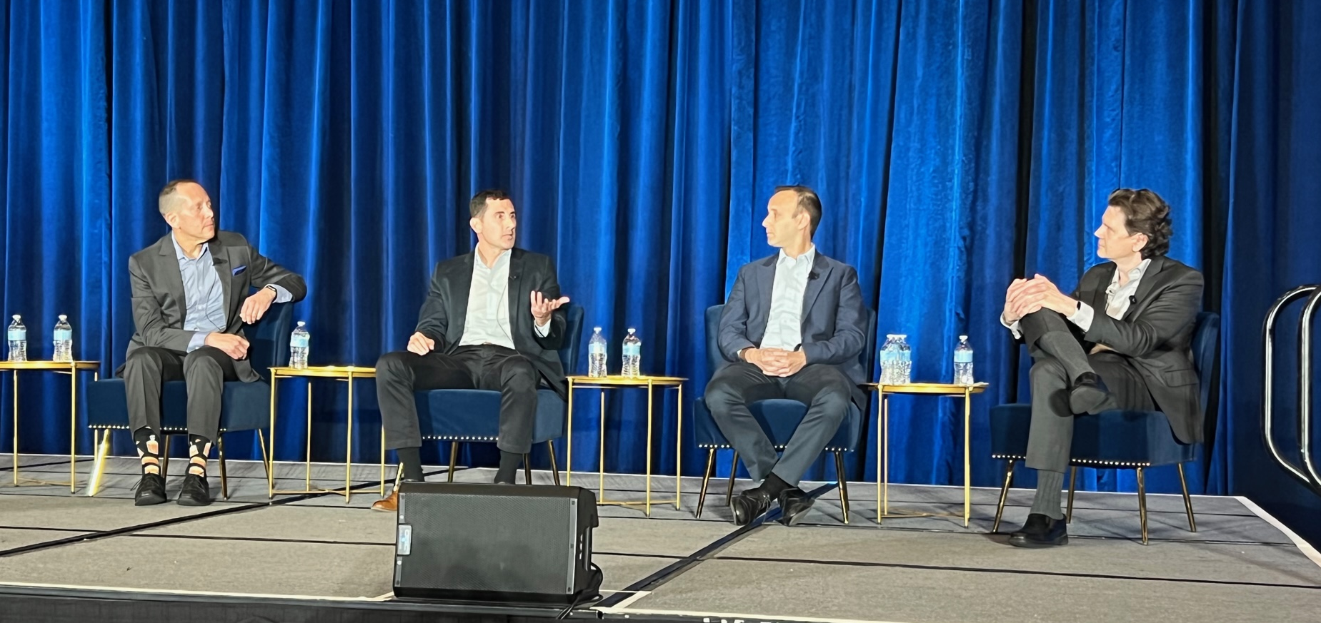 A group of execs from operators and suppliers explored the 'new era of streaming' at the StreamTV Show. Pictured (left to right): Roger Seiken of WOW, Mark Gathen of Cox, Jason Cohen of MyBundle.TV and moderator Michael Grebb of One Touch Intelligence.
(Source: Jeff Baumgartner/Light Reading)