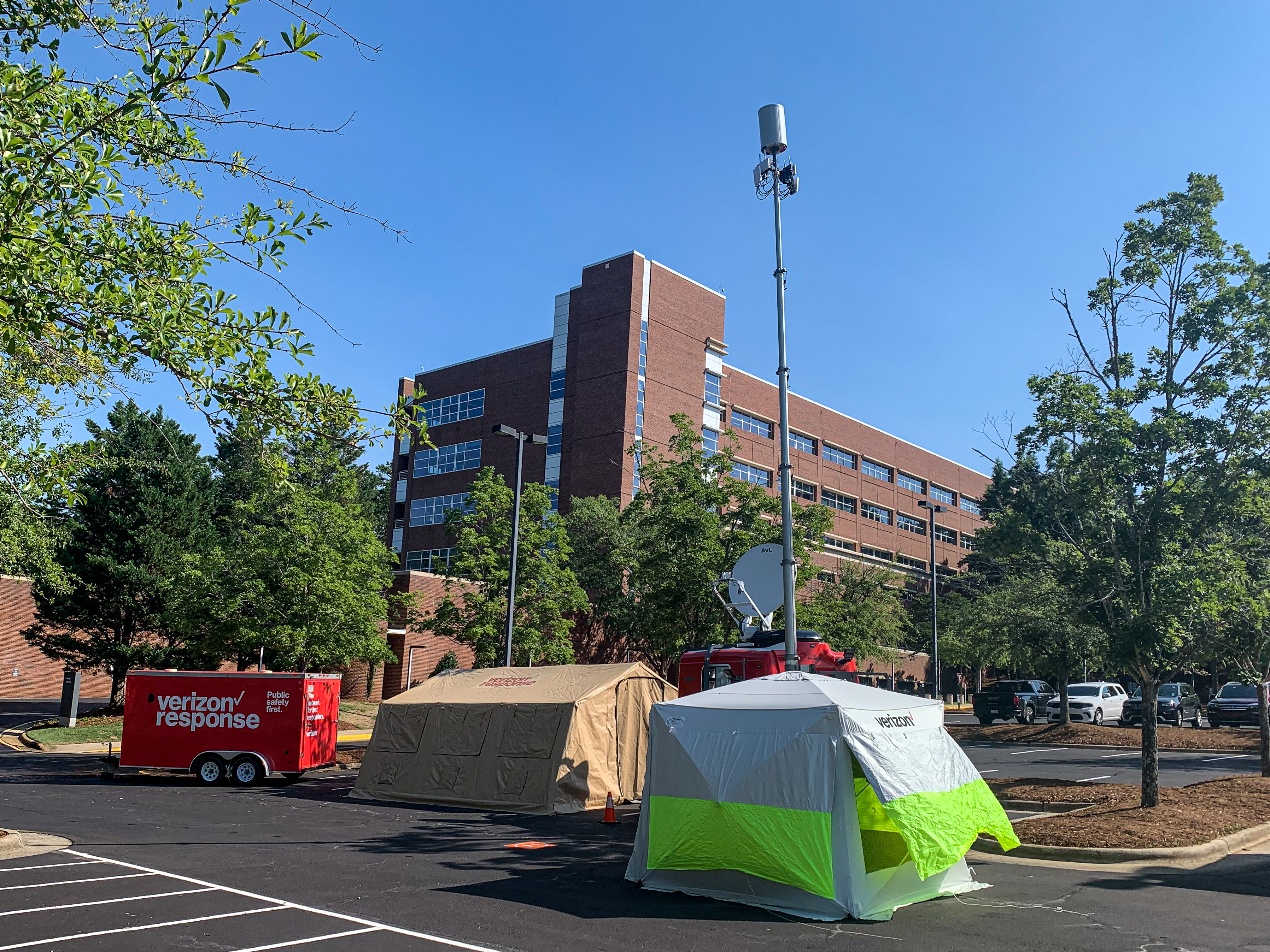 The Verizon Response Team set up a mobile command unit outside their local office with emergency response equipment and connectivity services. (Photo by: Kelsey Ziser, Light Reading.)