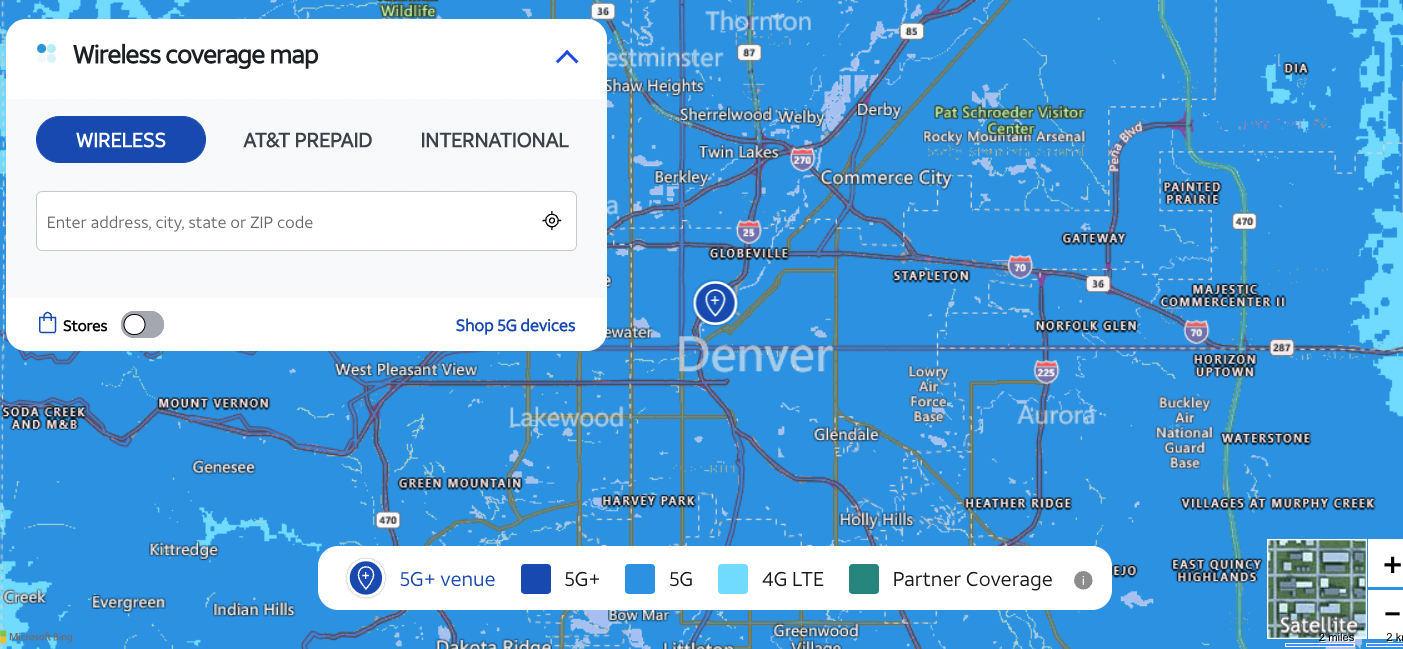 AT&T 的在线覆盖地图现在显示其中频带 5G 覆盖范围，称为“5G+”。 单击此处查看该图像的放大版本。 （来源：美国电话电报公司）