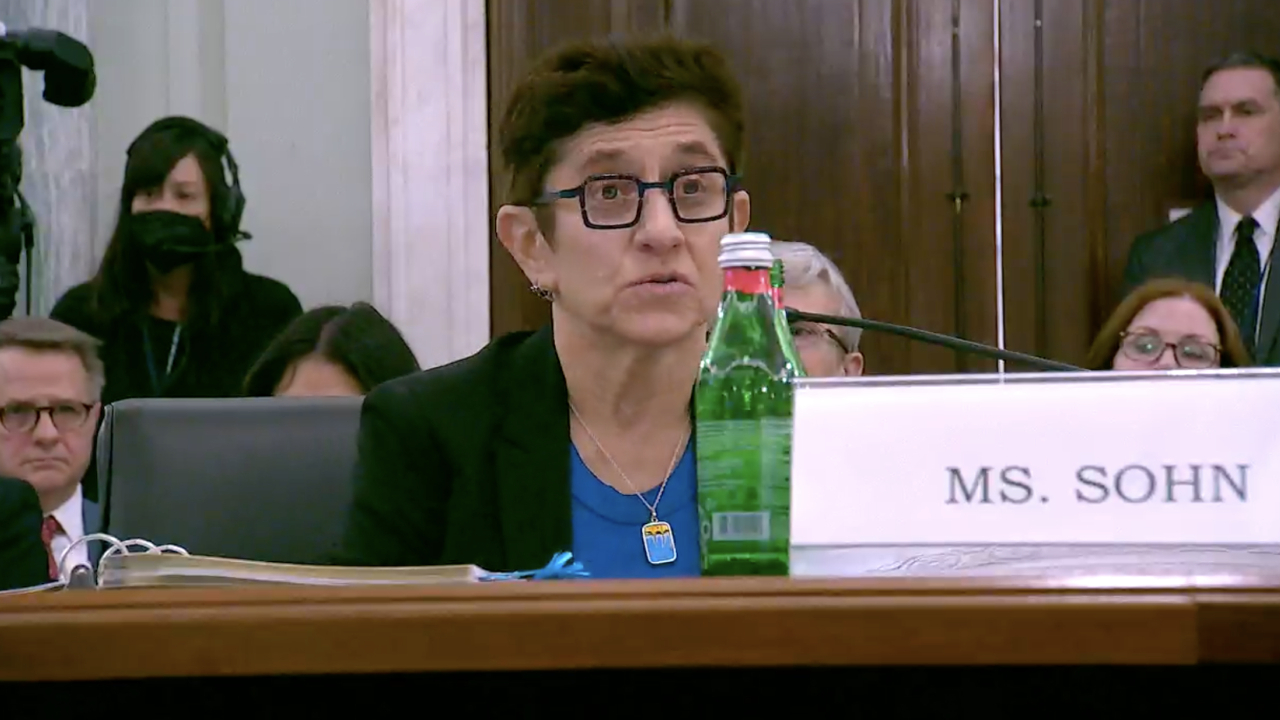 Gigi Sohn at her third nomination hearing before the US Senate on February 14, 2023.
(Source: Screenshot via Senate Committee on Commerce, Science and Transportation)