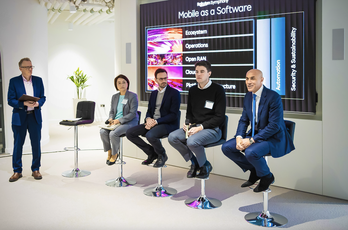 From left to right: local-coffee-expert-turned-moderator Ray Le Maistre of TelecomTV; Yuki Naruse of Japan's communications ministry; ETNO's Alessandro Gropelli; UK government spokesperson Scott Bailey; Rakuten's Rabih Dabboussi. (Source: Rakuten)