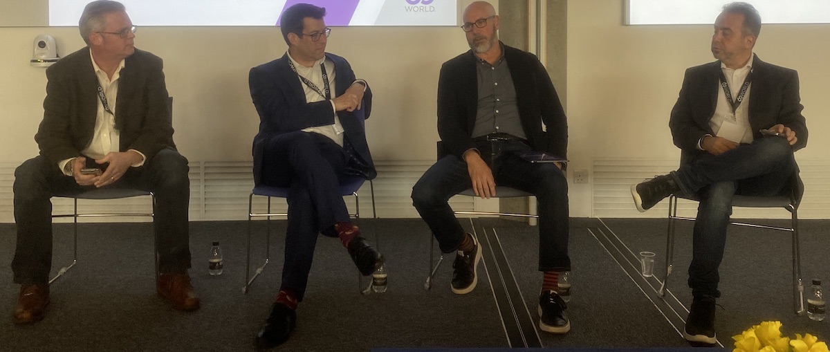 Panellists at 6G Symposium included (from left to right) Scott Bicheno of Telecoms.com, Samsung's Dan Warren, Viasat's Anton Monk and Dean Bubley of Disruptive Analysis. (Source: Iain Morris/Light Reading)