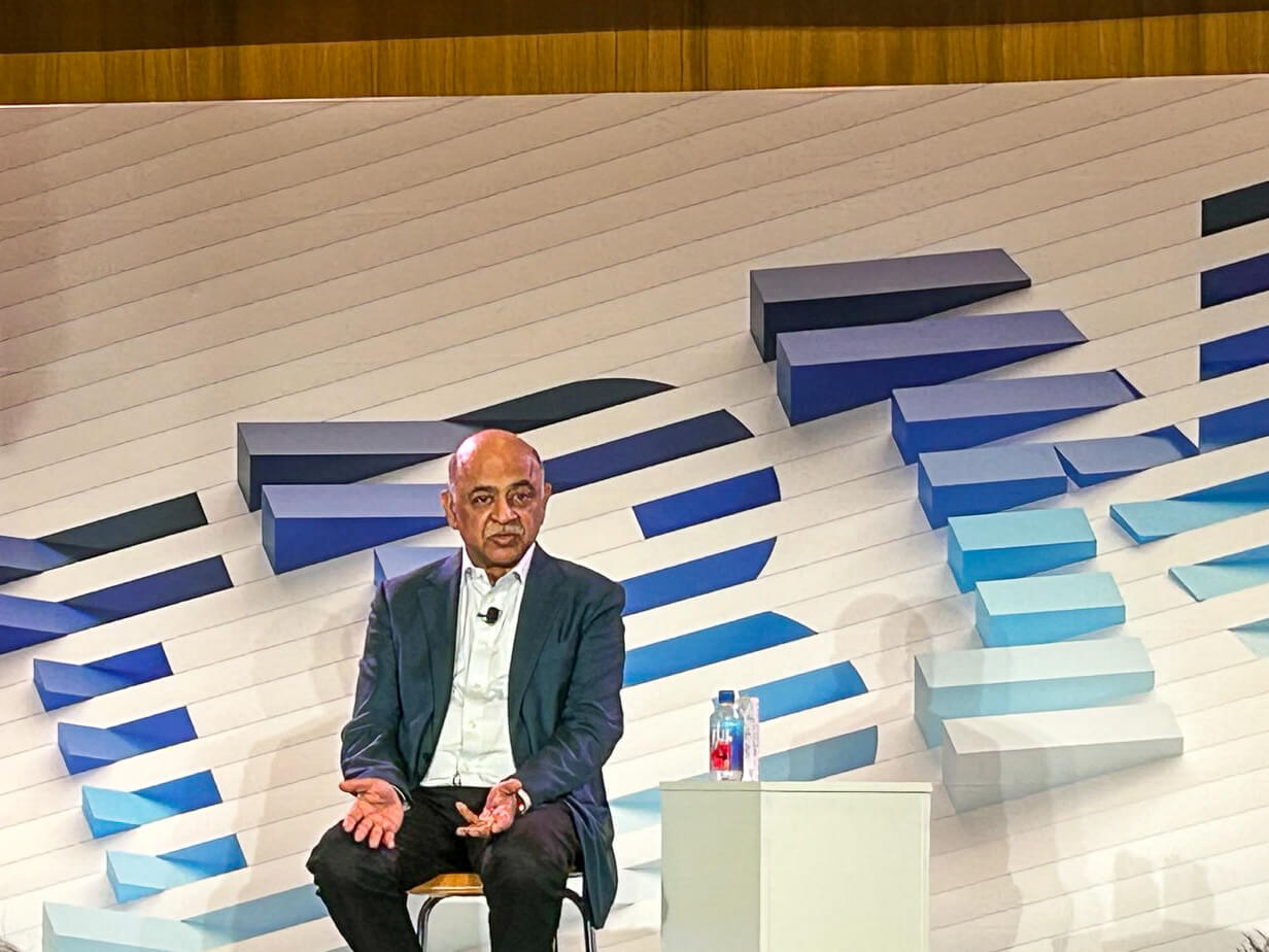 IBM CEO Arvind Krishna met with media and analysts for a Q&A after his keynote at the annual IBM Think event. (Source: Kelsey Ziser, Light Reading)