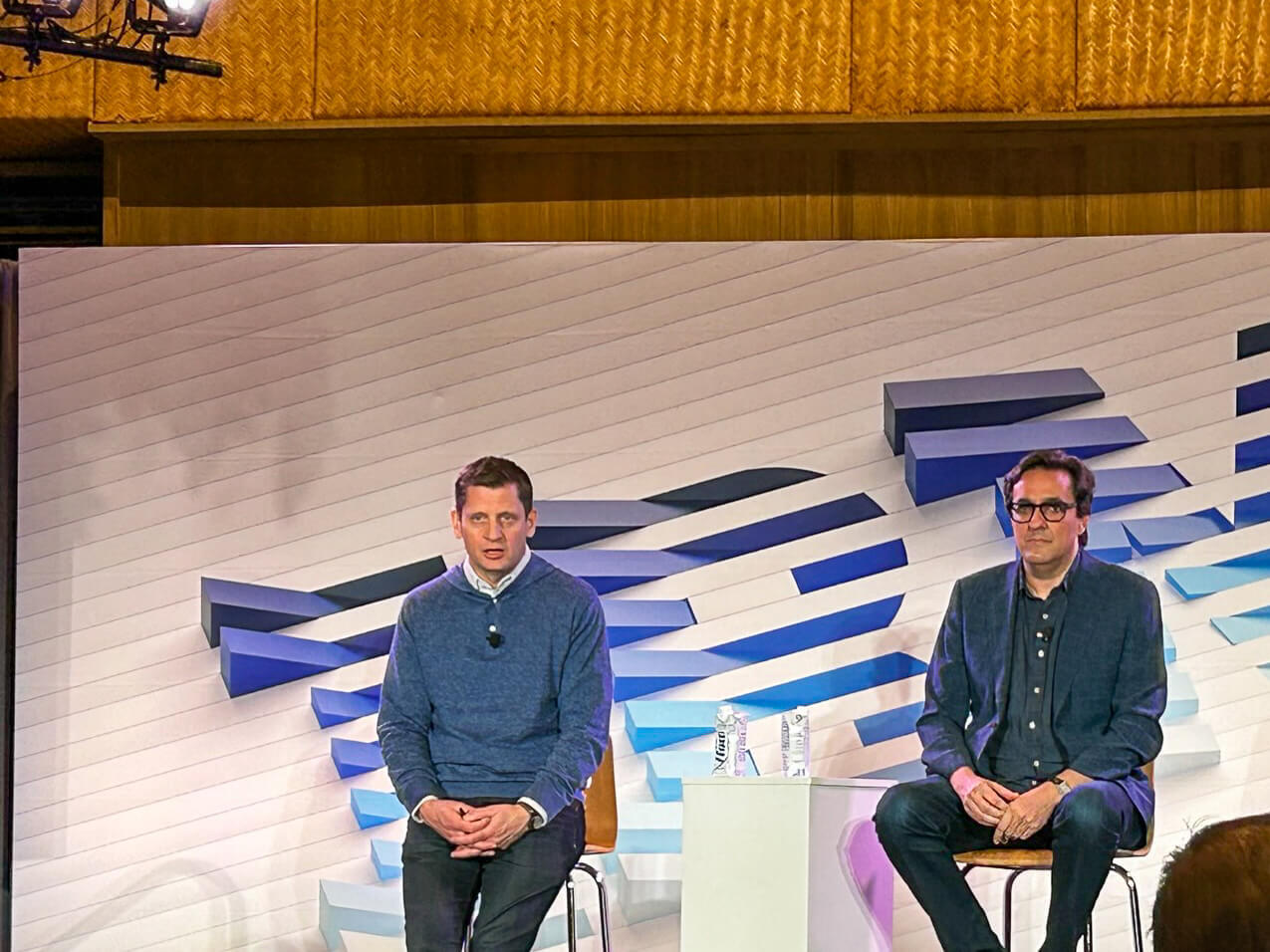 (From L to R) Rob Thomas, SVP of software and CCO for IBM; and Dr. Dario Gil, SVP and director of research for IBM present to media and analysts at IBM Think. (Source: Kelsey Ziser, Light Reading)