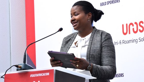 Safaricom's Head of ICT Regulation and Public Policy, Mercy Ndegwa, delivers her speech at East Africa Com.