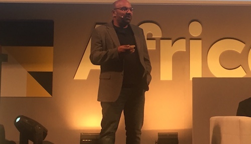 Kamal Bhattacharya, Safaricom's CIO, addresses an audience at today's AfricaCom event in Cape Town.