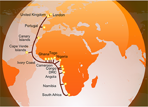 The WACS subsea network route.