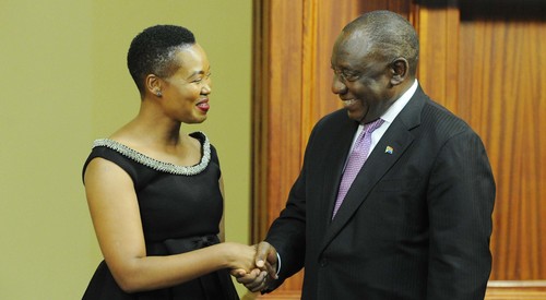 Department of Communications and Digital Technologies Minister Stella Ndabeni-Abrahams and South African President Cyril Ramaphosa during her swearing-in ceremony in November 2018 (Photo courtesy of GCIS).