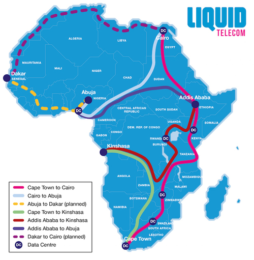 A map of Liquid Telecom's pan-African optical transmission network (without the planned South Sudan deployment).  