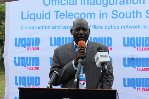 Dr. Ladu Wani Kenyi, director general of South Sudan's National Communication Authority, speaking at the Liquid Telecom symbolic fiber digging inauguration in Juba on Monday July 1, 2019.