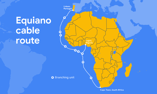 Equiano's planned route and branching units, from which additional landings can be built.   (Source: Google)