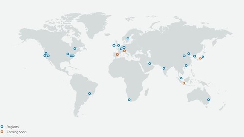 AWS' global regions and availability zones, with Cape Town now added. 