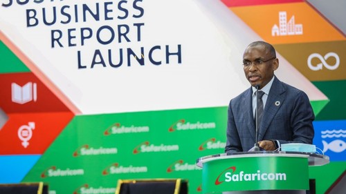 Safaricom CEO Peter Ndegwa speaking during the telco's 2020 Sustainable Business Report launch in Nairobi. (Source: Safaricom) 