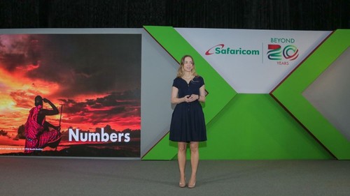 Safaricom's acting CFO, Ilanna Darcy, speaking during the 2020/2021 half-year results presentation in Nairobi.  