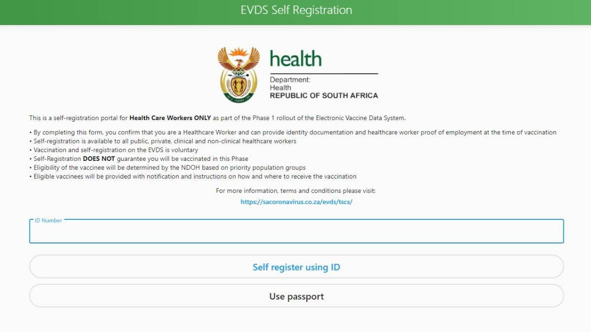 The Electronic Vaccination Data System's registration page. 