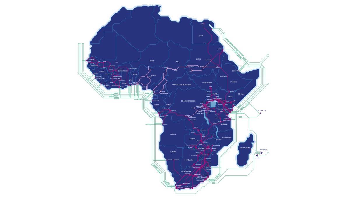 Liquid Intelligent Technologies' fiber network in Africa. Dark pink represents fiber that is laid and lit; light pink represents routes under construction. (Source: Supplied).