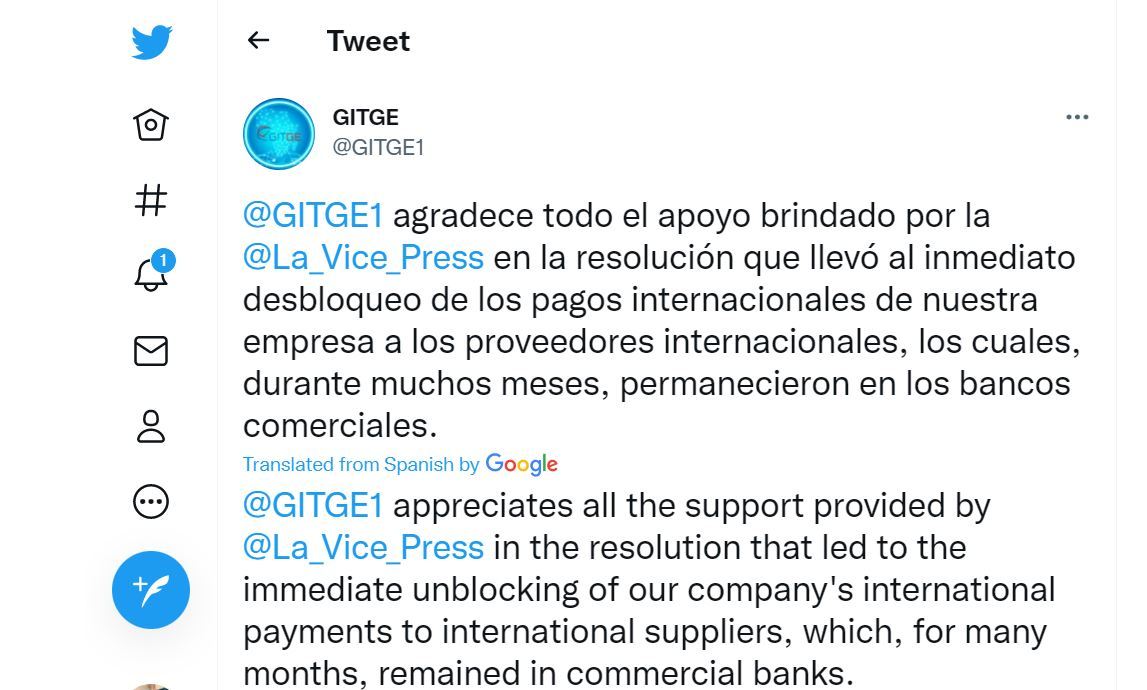 GITGE tweeted how it appreciated the government's intervention in unblocking the company's international payments. (Source: Twitter).