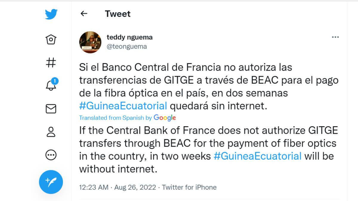 Equatorial Guinea Vice President Teodoro Nguema Obiang Mangue tweeted about the threat of disconnection. (Source: Twitter). 