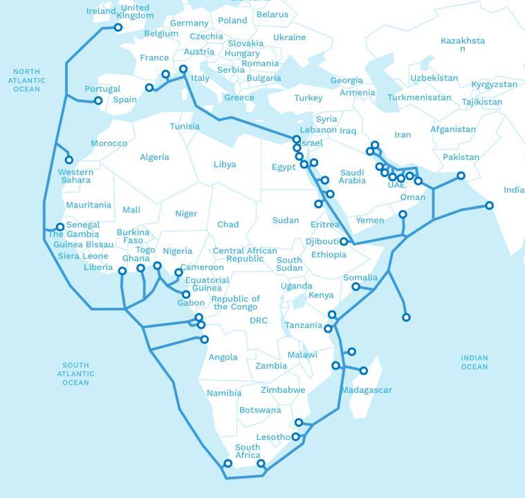 Map of the planned 2Africa route and landings.  (Source: 2Africa Press Kit)