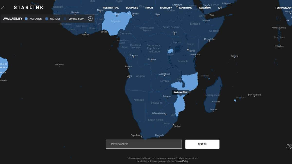 Starlink's coverage map shows its services are now available in Mozambique, Nigeria, Rwanda and the French island departments of Reunion and Mayotte.   (Source: Starlink's website).