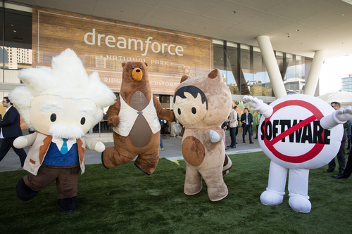 Quip introduced new collaboration tools at parent Salesforce's Dreamforce conference this week, where you could find these costumed mascots wandering the grounds. Photo by Salesforce.