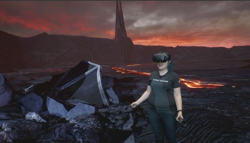 Epic Games programmer Lauren Ridge demonstrates virtual reality creation with the new iMacs.