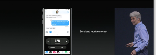 Craig Federighi, Apple senior vice president of software engineering, demonstrates Apple Pay integrated with Messages. 