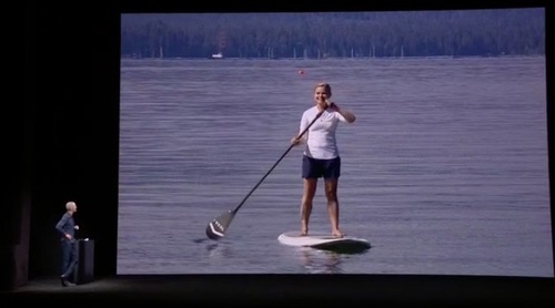 Williams demonstrates the Watch's phone quality with a call to Apple's Deidre Caldbeck, who takes the call on her Watch while standing on a surfboard. Hilariously, she struggled to perform this multitasking process without falling down. Sadly, she did not fall down, which would have been more hilarious. The audio quality was very good, by the standards of cell phone audio, and Williams noted it was all done with the cell connectivity and microphones available on the Apple Watch. In other words, the Watch is a practical device for making phone calls.