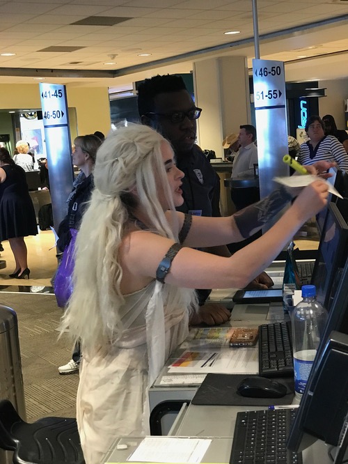 I flew to Dallas on Halloween. The gate agent was Daenerys Targaryen from Game of Thrones. Alas, the WiFi was down on our dragon, so I had to send ravens instead of email.