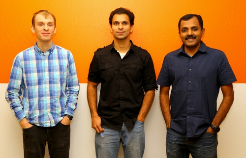 YugaByte founders Mikhail Bautin, Karthik Ranganathan and Kannan Muthukkaruppan, looking nonchalant with their hands in their pockets.