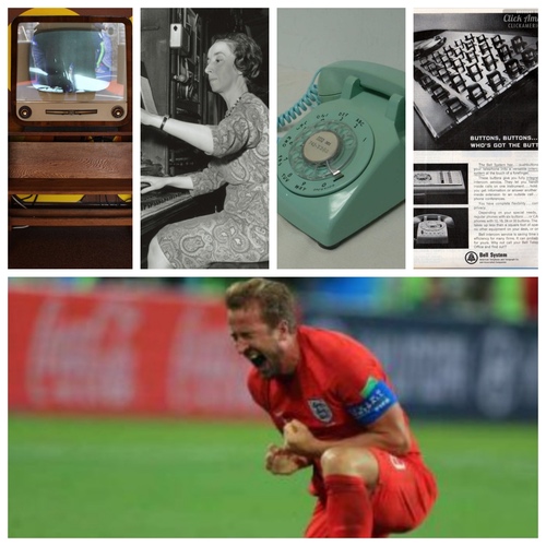 TVs were furniture in the 1960s, telephone operators kept busy connecting callers, the rotary phone was a household staple and this Bell business model was state of the art. England's team celebrates a victory on its way to the semi-finals of the FIFA World Cup 2018. (Sources, in order, L-R: 
fuguestock.deviantart.com; 
Jeanne Demessieux/Wikimedia; eBay;  Click Americana; SLGuardian.com)