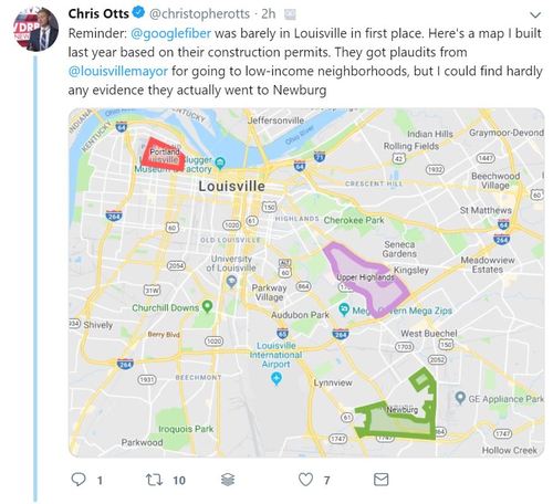 By pulling permits, local business reporter Christopher Otts determined Google Fiber was mainly in the Highlands area of Louisville, Kentucky. (Source: Christopher Otts/Twitter/WDRB)