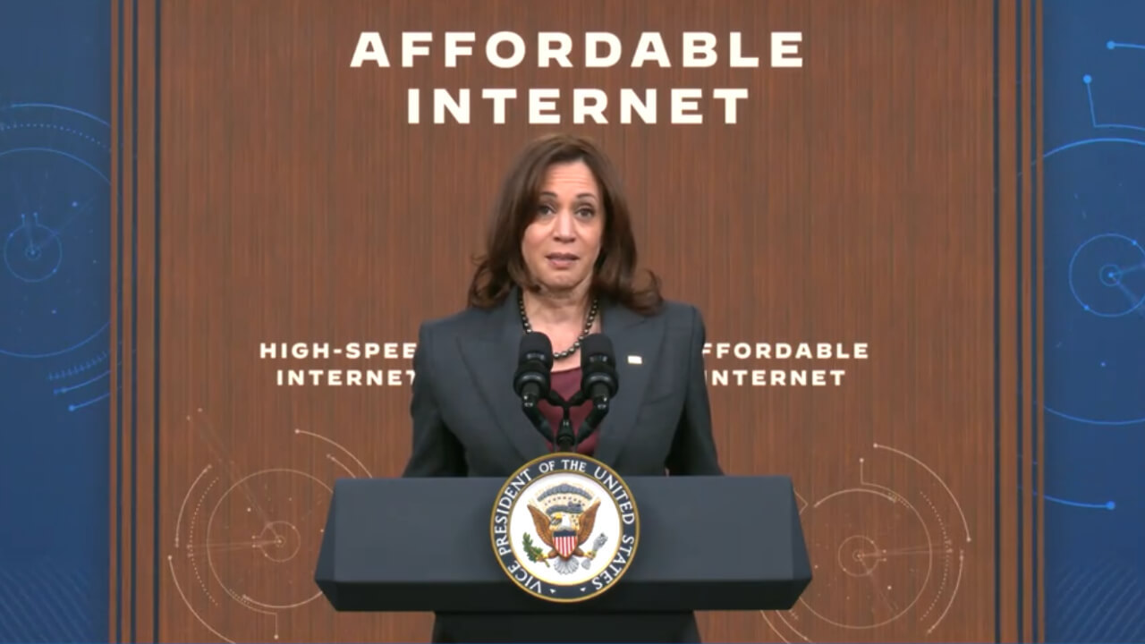 Vice President Kamala Harris speaking at a White House press event on Monday, February 14, announcing 10 million US households are enrolled in the Affordable Connectivity Program (ACP). (Source: WhiteHouse.gov)
