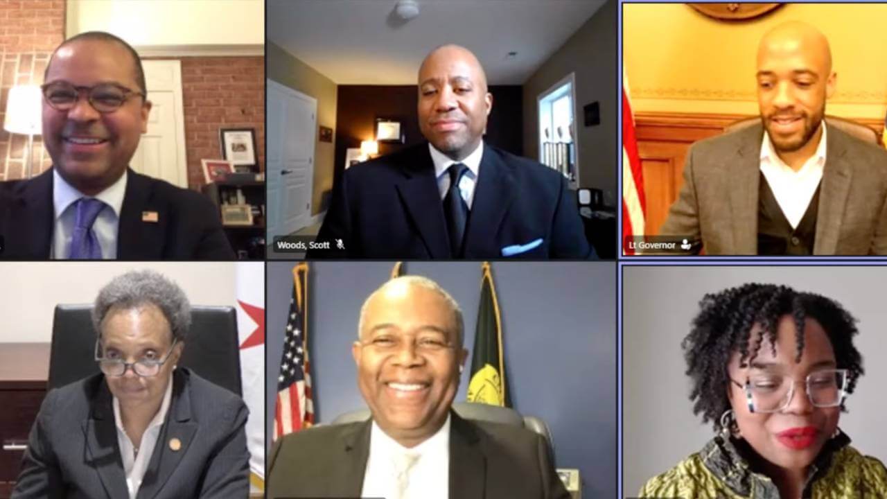 Pictured: FCC Commissioner Geoffrey Starks; Scott Woods, director of the Office of Minority Broadband Initiatives, NTIA; Wisconsin Lieutenant Governor Mandela Barnes; Chicago Mayor Lori Lightfoot; Hardie Davis Jr., mayor, Augusta, Georgia; and Dr. Fallon Wilson, VP of Policy, Multicultural Media, Telecom and Internet Council.
